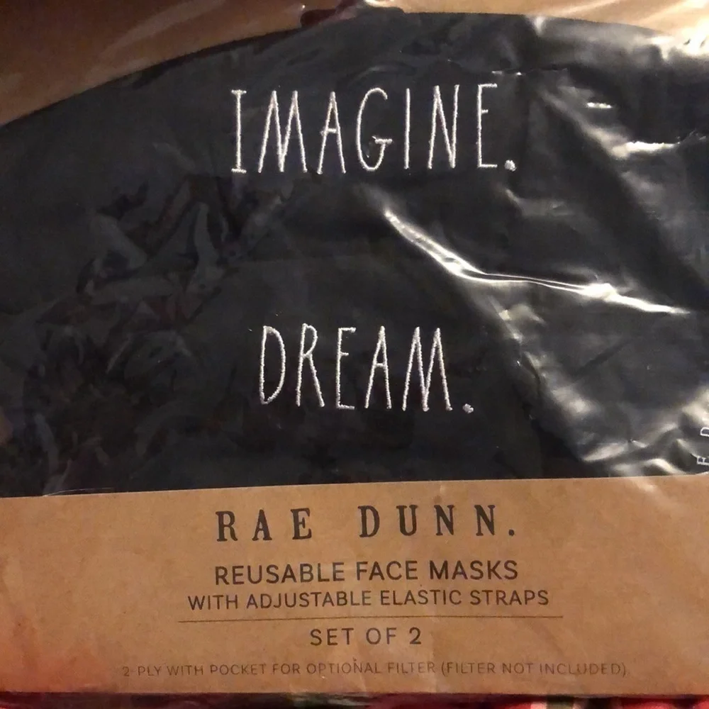 Rae Dunn Black Reusable Face Masks one says Imagine the other says Dream